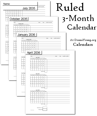 3-Months per page Ruled Calendars