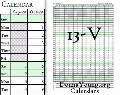 13-V, Matrix Calendar - 13 Vertical Months - The calendars begin in the months of May, June, July, August, and September.