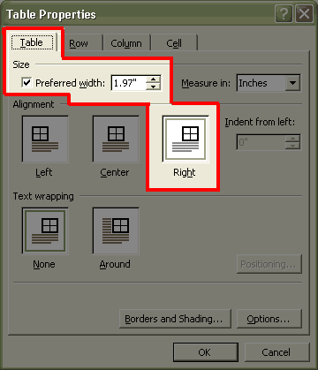 table properties